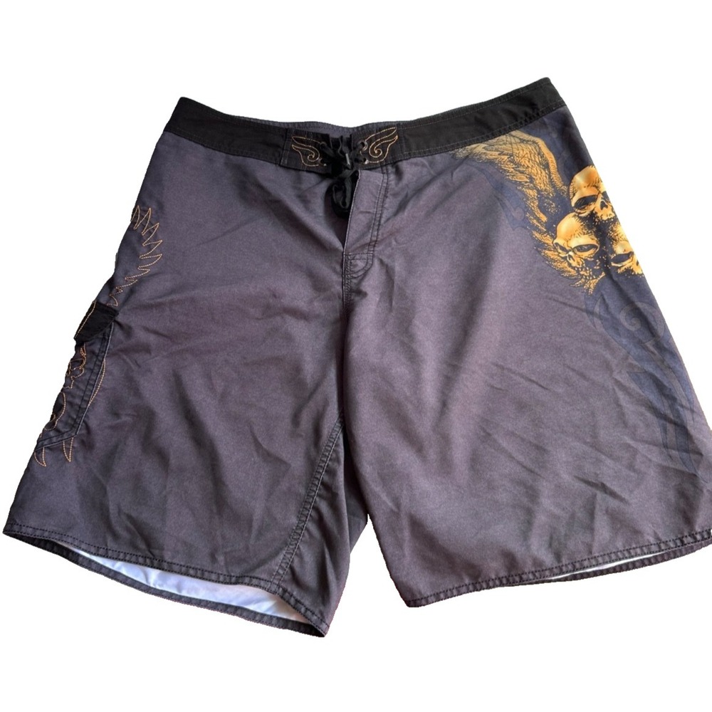 Crazy Shirts Skull Board Shorts Mens 38 Gray Gold HydroPrint Surf Swim 10 Trunks